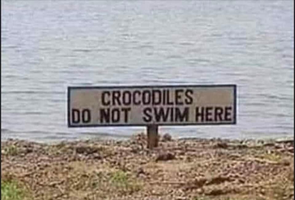 A sign at the edge of a waterhole reads: CROCODILES 
DO NOT SWIM HERE