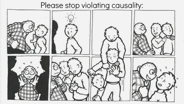 Black and white pen drawn cartoon, 8 frames arranged four across, two deep, headed with the title:
Please stop violating causality. 
Frame 1: A bully threatens the protagonist. 
Frame 2: The protagonist has an idea. 
Frame 3: Protagonist breaks fourth wall by reaching down to the seventh frame and pulling a copy of himself out of the comic. 
Frame 4: The bully realises he’s outnumbered. 
Frame 5: The protagonist and his copy stand up to the bully. 
Frame 6: The bully is about to get beaten by the two. 
Frame 7: The protagonist is dragged out through the fourth wall. 
Frame 8: The situation has returned to a bully threatening the protagonist. 
Artist unknown. 
