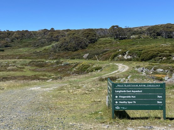 A trail sign for the Falls to Hotham Alpine Crossing indicating directions to Langfords East Aqueduct, Fitzgeralds Hut, and Heathy Spur Tk set against a backdrop of grassy hills and short eucalyptus trees under a clear blue sky. 