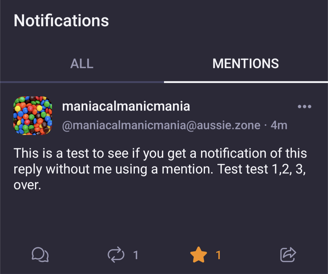 Screenshot of the post in the mentions tab of the Mastodon app.
