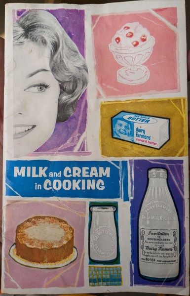 The cover of Dairy Farmers' Milk and Cream in Cooking recipe book. The cover design features several rectangular-ish pastel coloured panels with either drawings of prepared food or floating black and white photographs of glass milk jugs and a lady's face.