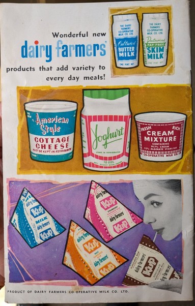 The back cover has a similar design to the front with colour pictures of several packaged dairy products and a black and white photo of a lady's face.
The text reads:
"
Wonderful new
dairy famers'
products that add variety to
every day meals!
"