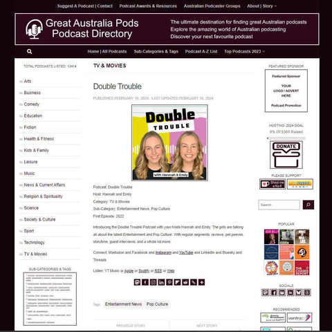 Double Trouble
Screenshot of the podcast listing on the Great Australian Pods website