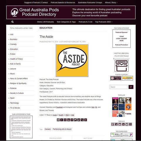 The Aside Podcast 
Screenshot of the podcast listing on the Great Australian Pods website