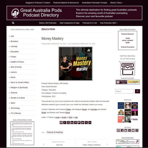 Money Mastery With Marshy
Screenshot of the podcast listing on the Great Australian Pods website