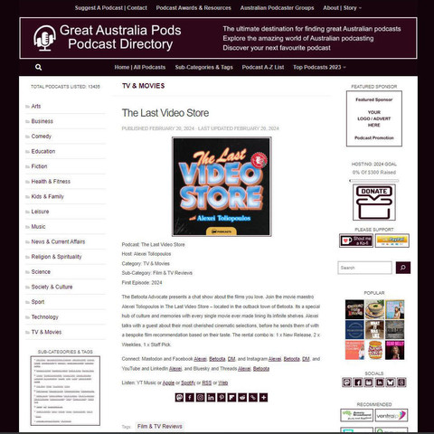 The Last Video Store
Screenshot of the podcast listing on the Great Australian Pods website