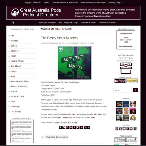 Casefile Presents: The Easey Street Murders
Screenshot of the podcast listing on the Great Australian Pods website