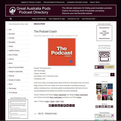 The Podcast Coach
Screenshot of the podcast listing on the Great Australian Pods website