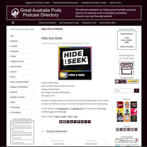 Hide And Seek
Screenshot of the podcast listing on the Great Australian Pods website