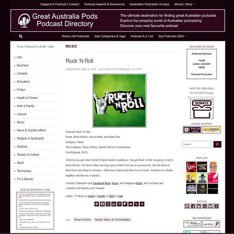 Ruck 'N Roll
Screenshot of the podcast listing on the Great Australian Pods website