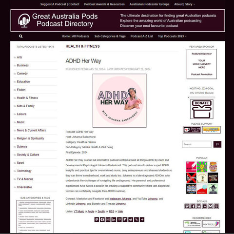 ADHD Her Way
Screenshot of the podcast listing on the Great Australian Pods website