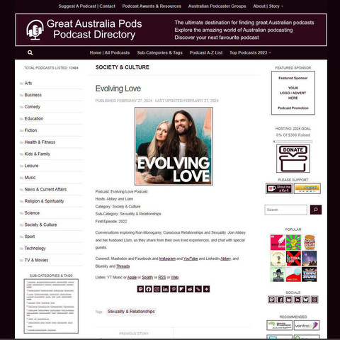 Evolving Love Podcast
Screenshot of the podcast listing on the Great Australian Pods website