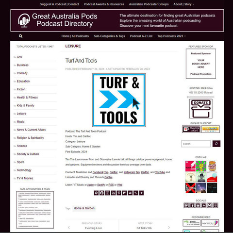 The Turf And Tools Podcast
Screenshot of the podcast listing on the Great Australian Pods website