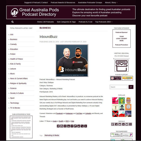 InboundBuzz - Inbound Marketing Podcast
Screenshot of the podcast listing on the Great Australian Pods website
