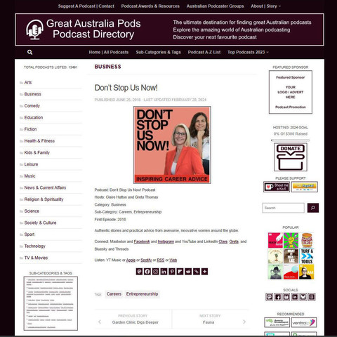 Don't Stop Us Now! Podcast 
Screenshot of the podcast listing on the Great Australian Pods website