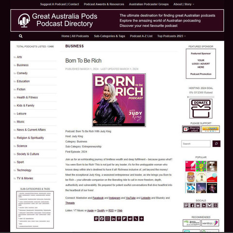Born To Be Rich With Judy King
Screenshot of the podcast listing on the Great Australian Pods website