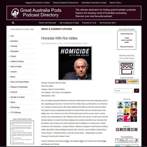 Homicide With Ron Iddles
Screenshot of the podcast listing on the Great Australian Pods website