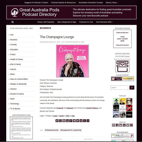 The Champagne Lounge
Screenshot of the podcast listing on the Great Australian Pods website