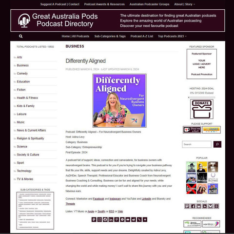 Differently Aligned - For Neurodivergent Business Owners
Screenshot of the podcast listing on the Great Australian Pods website