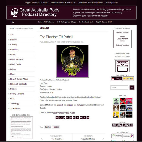 The Phantom Tilt Pinball Podcast
Screenshot of the podcast listing on the Great Australian Pods website
