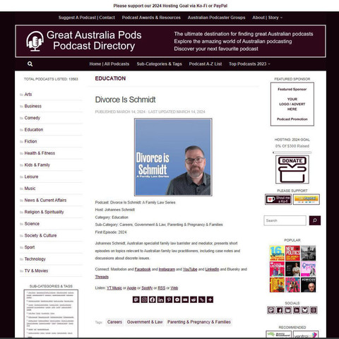 Divorce Is Schmidt: A Family Law Series
Screenshot of the podcast listing on the Great Australian Pods website