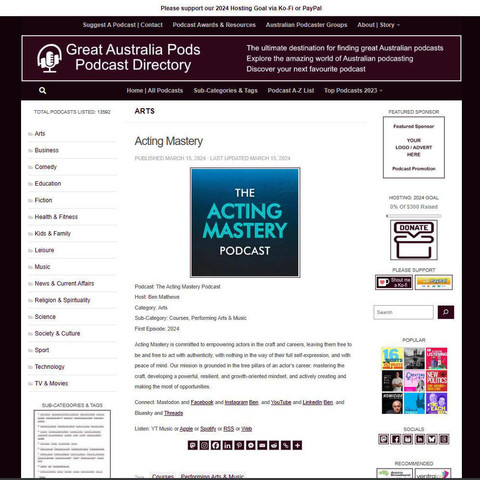 The Acting Mastery Podcast
Screenshot of the podcast listing on the Great Australian Pods website