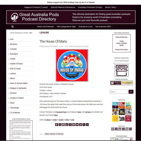 The House Of Mario: A Nintendo Podcast 
Screenshot of the podcast listing on the Great Australian Pods website