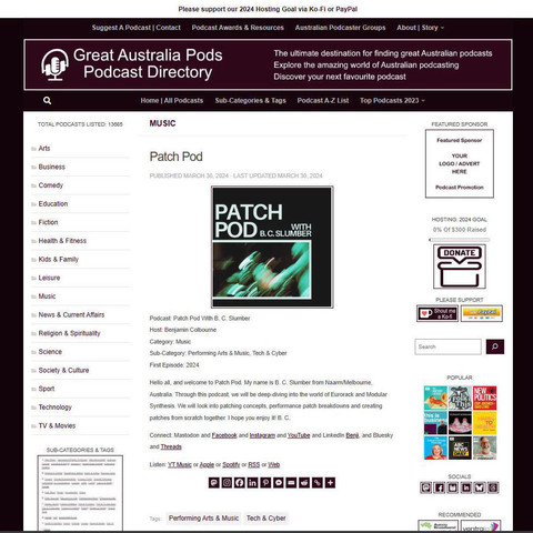 Patch Pod With B. C. Slumber
Screenshot of the podcast listing on the Great Australian Pods website