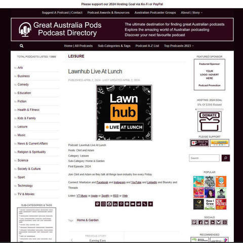 Lawnhub Live At Lunch
Screenshot of the podcast listing on the Great Australian Pods website