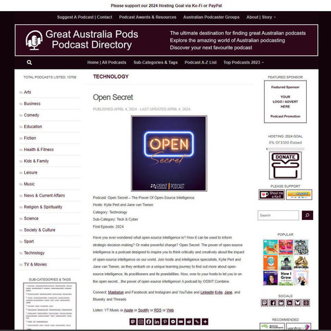 Open Secret  - The Power Of Open-Source Intelligence
Screenshot of the podcast listing on the Great Australian Pods website