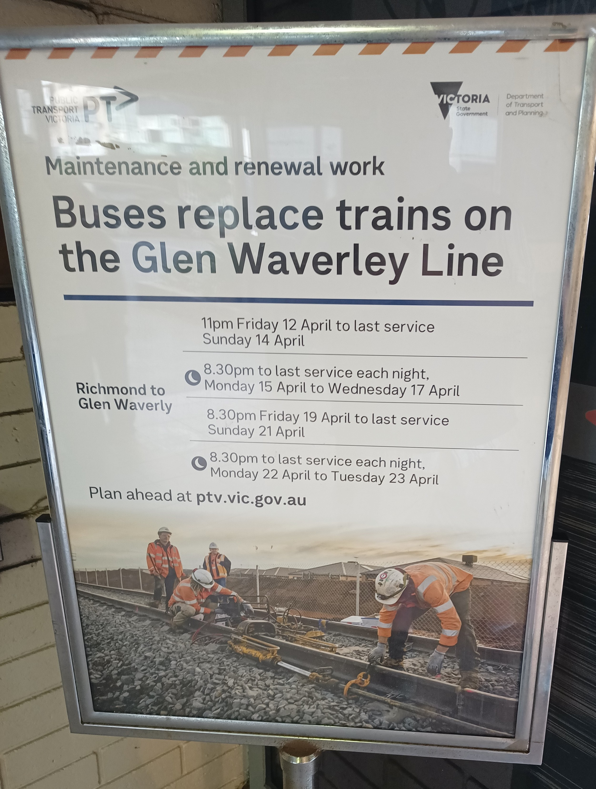 Poster advising of buses replacing trains on the Glen Waverley line during April 2024