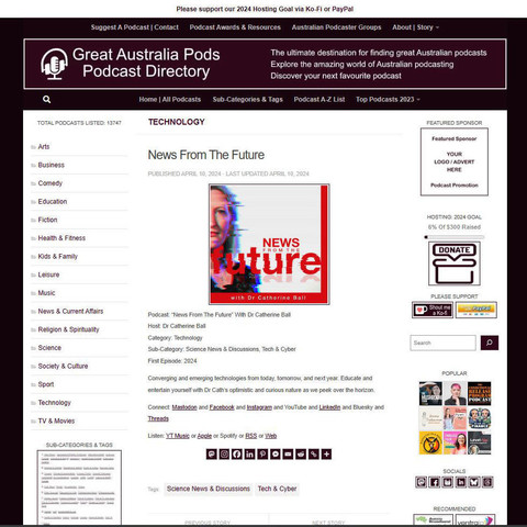 "News From The Future" With Dr Catherine Ball
Screenshot of the podcast listing on the Great Australian Pods website