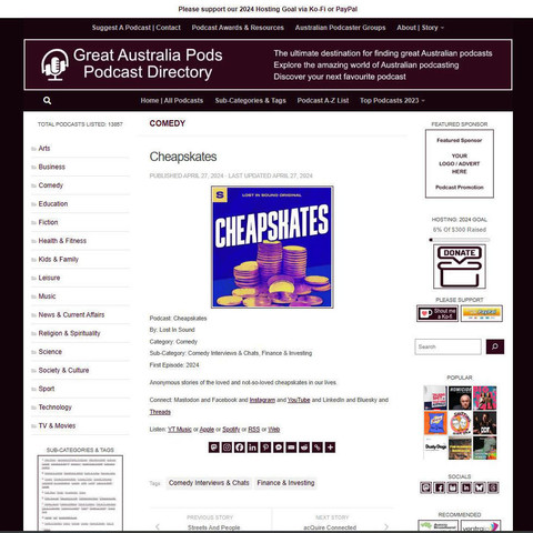 Cheapskates
Screenshot of the podcast listing on the Great Australian Pods website