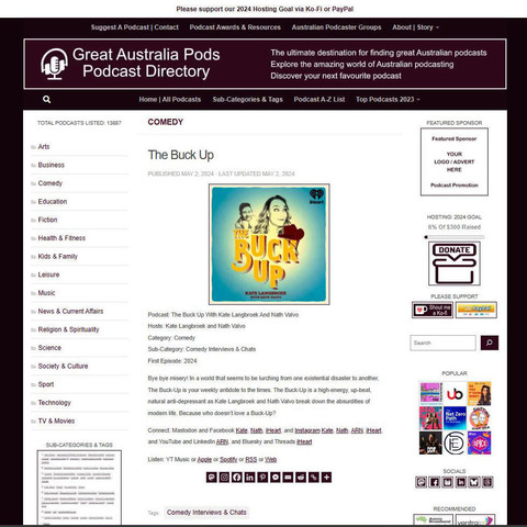 The Buck Up With Kate Langbroek And Nath Valvo
Screenshot of the podcast listing on the Great Australian Pods website