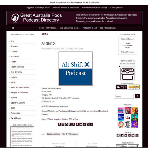Alt Shift X Podcast
Screenshot of the podcast listing on the Great Australian Pods website