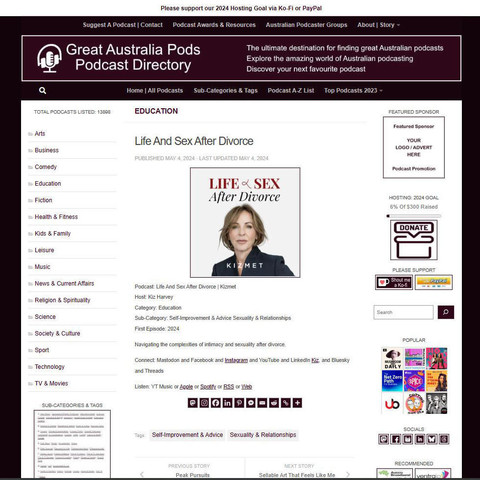 Life And Sex After Divorce | Kizmet
Screenshot of the podcast listing on the Great Australian Pods website