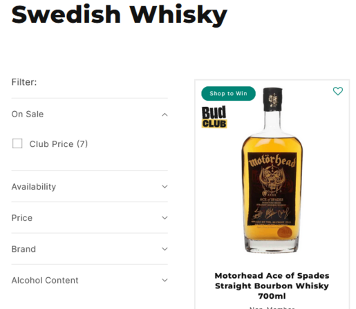 A clip from a liquor website headed "Swedish Whisky" and featuring a bottle of "Motorhead Ace of Spades Straight Bourbon Whisky 700ml"