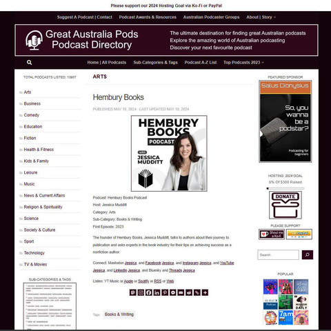 Hembury Books Podcast
Screenshot of the podcast listing on the Great Australian Pods website