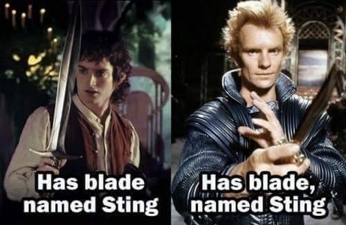 Frodo holding a sword. 

Caption: Has blade named Sting 

Feyd-Rautha holding a knife. 

Caption: Has blade, named Sting