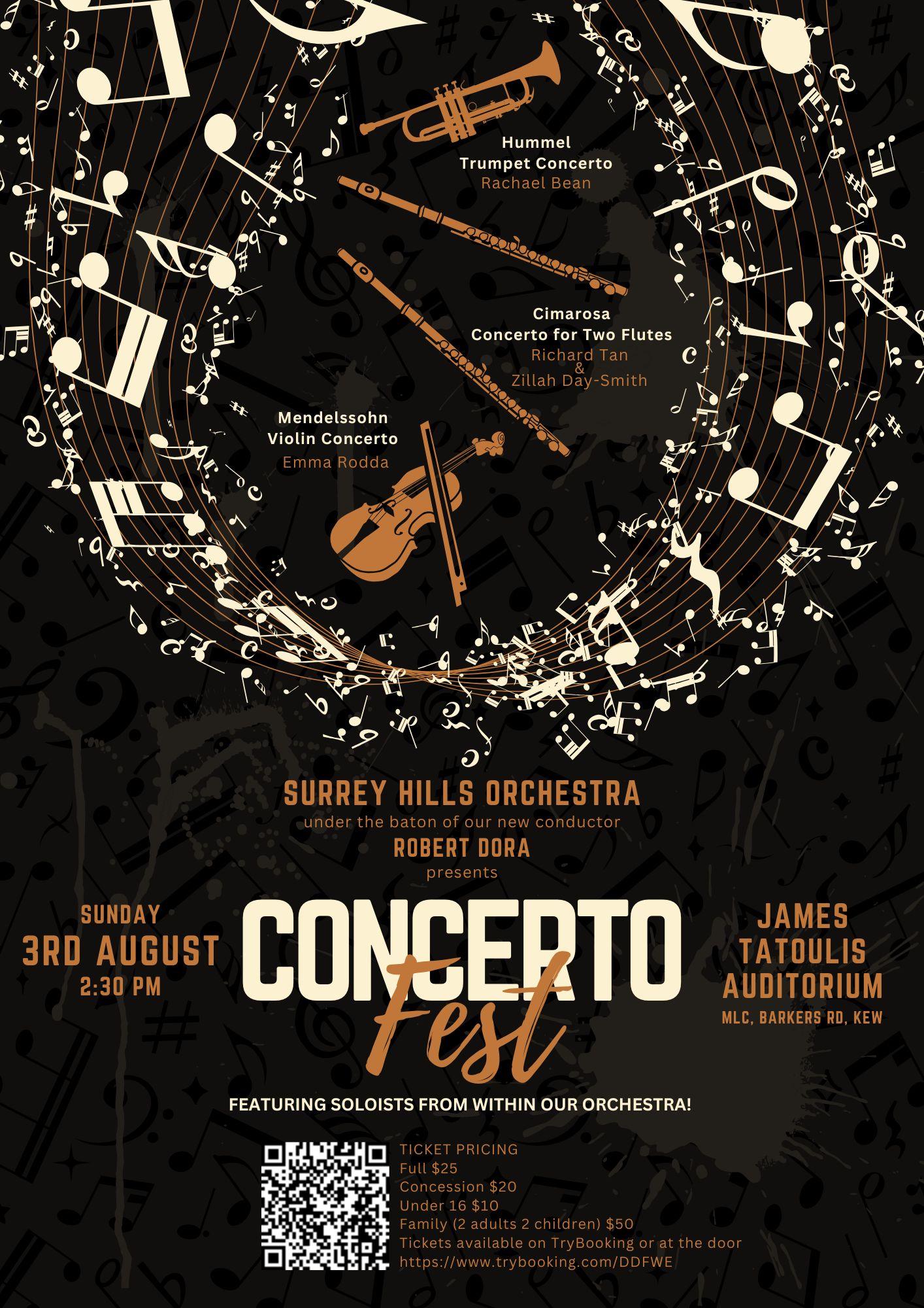 Muisc swirls around three instruments, trumpet, 2 flutes and a violin SURREY HILLS ORCHESTRA under the baton of our new conductor ROBERT DORA presents SUNDAY JAMES 3RD AUGUST TATOULIS 2:30 PM AUDITORIUM (7 MLE, BARKERS RD, KEW FEATURING SOLOISTS FROM <br>WITHIN OUR ORCHESTRA! Family (2 adults 2 children) $50 A https://www.trybooking.com/DDFWE