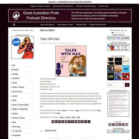 Tales With Max
Screenshot of the podcast listing on the Great Australian Pods website