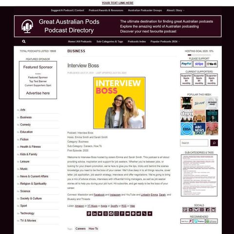 Interview Boss
Screenshot of the podcast listing on the Great Australian Pods website