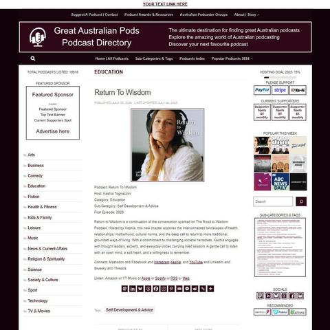 Return To Wisdom
Screenshot of the podcast listing on the Great Australian Pods website