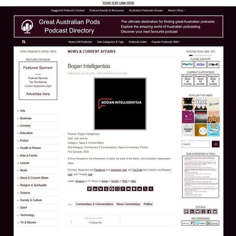 Bogan Intelligentsia
Screenshot of the podcast listing on the Great Australian Pods website