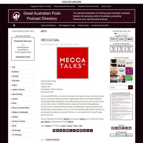 MECCA Talks
Screenshot of the podcast listing on the Great Australian Pods website