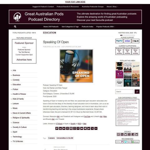 Speaking Of Open
Screenshot of the podcast listing on the Great Australian Pods website