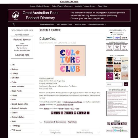 Culture Club.
Screenshot of the podcast listing on the Great Australian Pods website