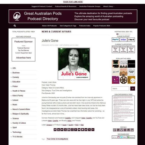 Julie's Gone
Screenshot of the podcast listing on the Great Australian Pods website