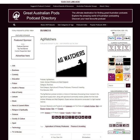 AgWatchers
Screenshot of the podcast listing on the Great Australian Pods website