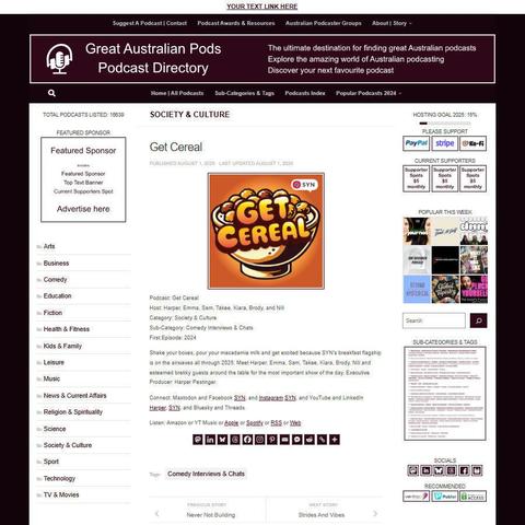 Get Cereal
Screenshot of the podcast listing on the Great Australian Pods website